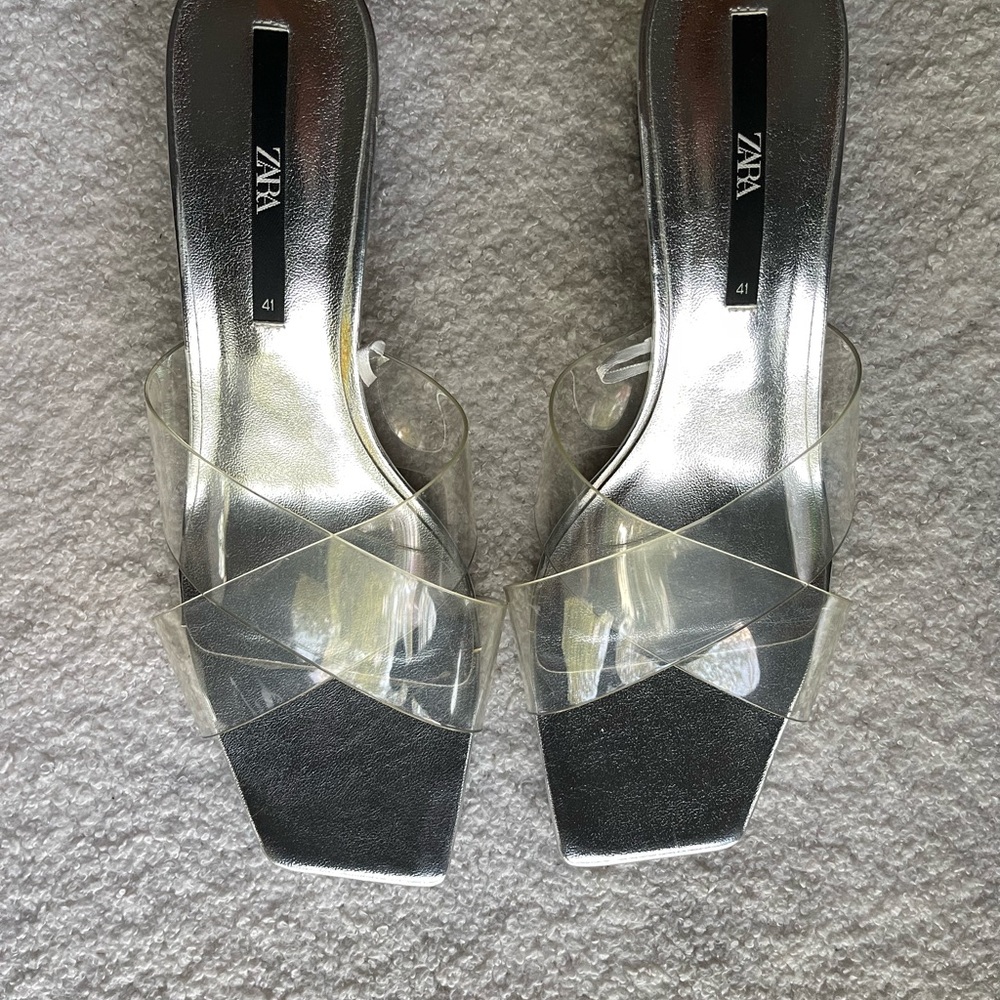 Zara Silver Slides with Clear Crossover Straps